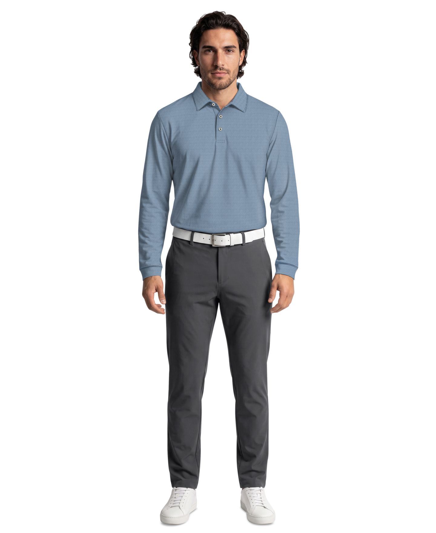 Мужское поло PGA TOUR Mini Diamond Jacquard Golf Long-Sleeve Polo Shirt, цвет: Синий теневой — фото 2