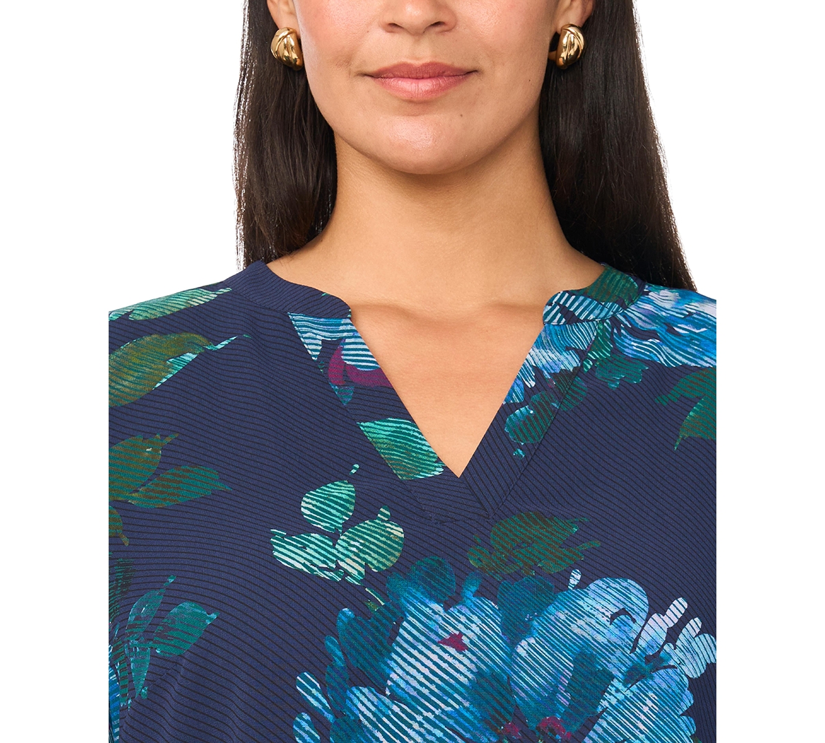 Vince Camuto Plus Split-Neck Floral-Print Long-Sleeve Blouse