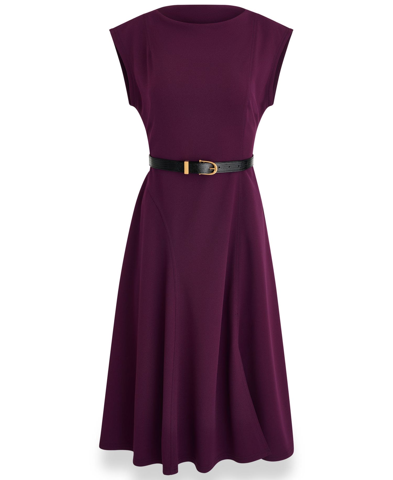 Women's Cap-Sleeve Boat-Neck Belted A-Line Dress