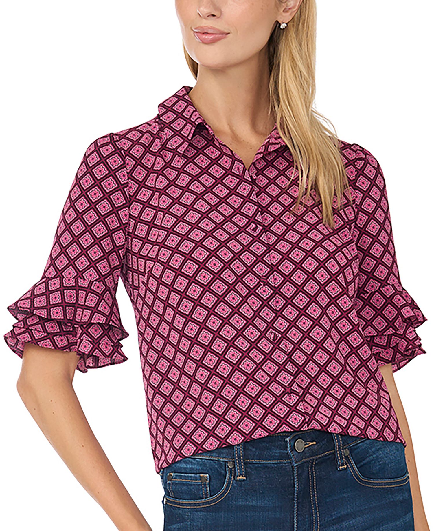 Women's Collared Button Up with Ruffle Sleeve Opening Geometric-Print Blouse