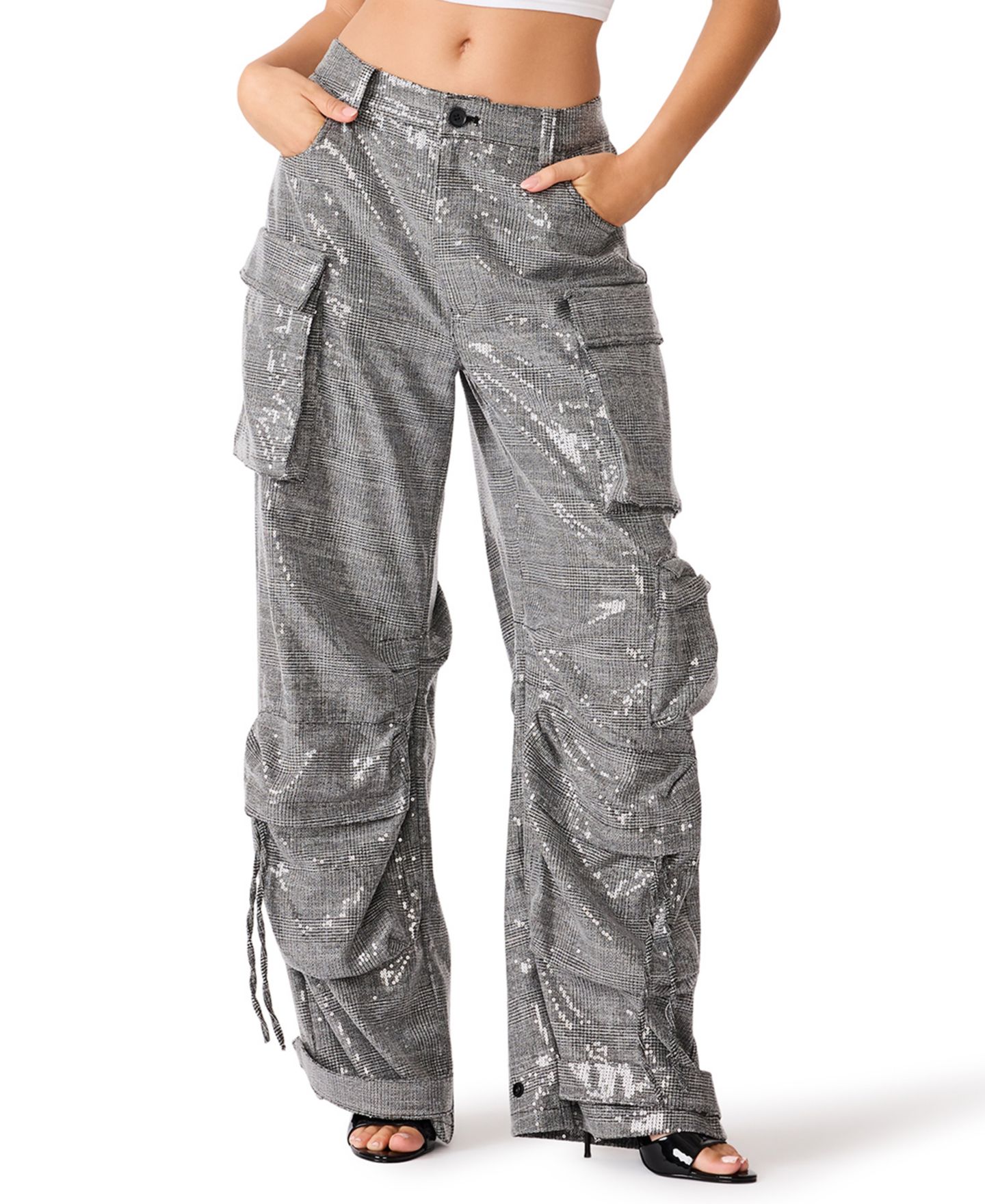 Женские брюки Steve Madden Duo Sequin Wide-Leg Cargo, цвет: Клетчатый — фото 1