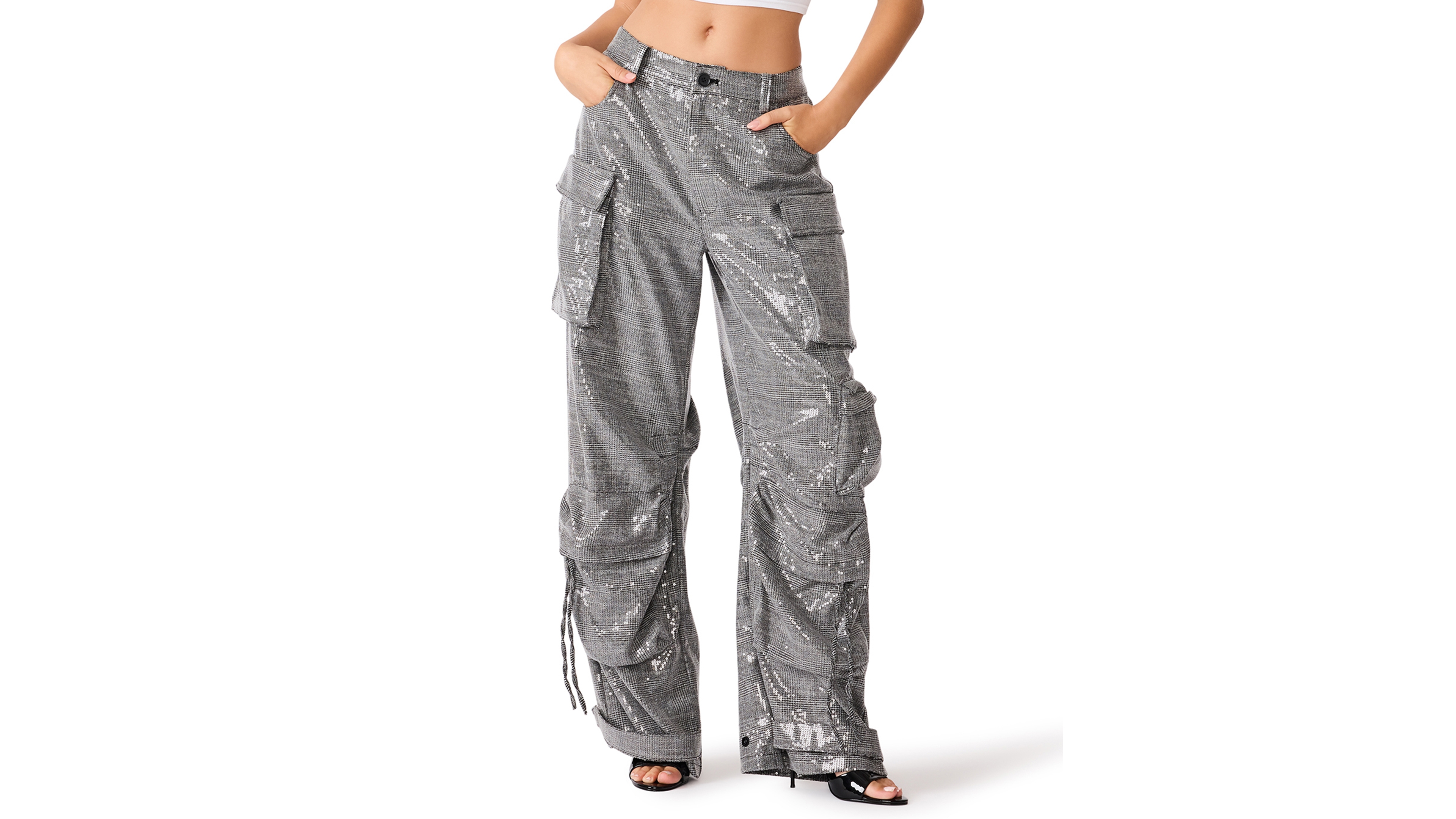 Steve Madden Women's Duo Sequin Wide-Leg Cargo Pants