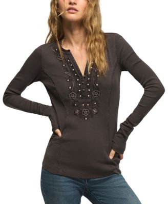 Women's Embroidered V-Neck Long-Sleeve Henley
