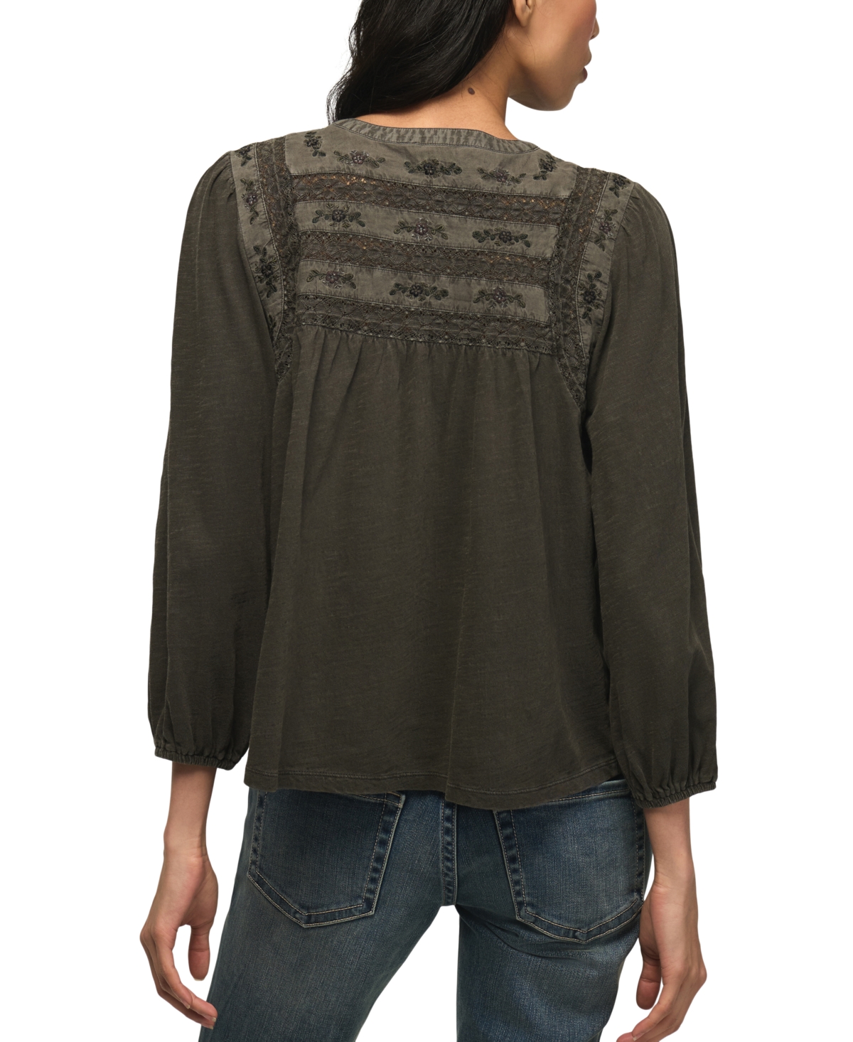 Lucky Brand Women's Trim Mix Knit Lace-Trim Embroidered Peasant Top