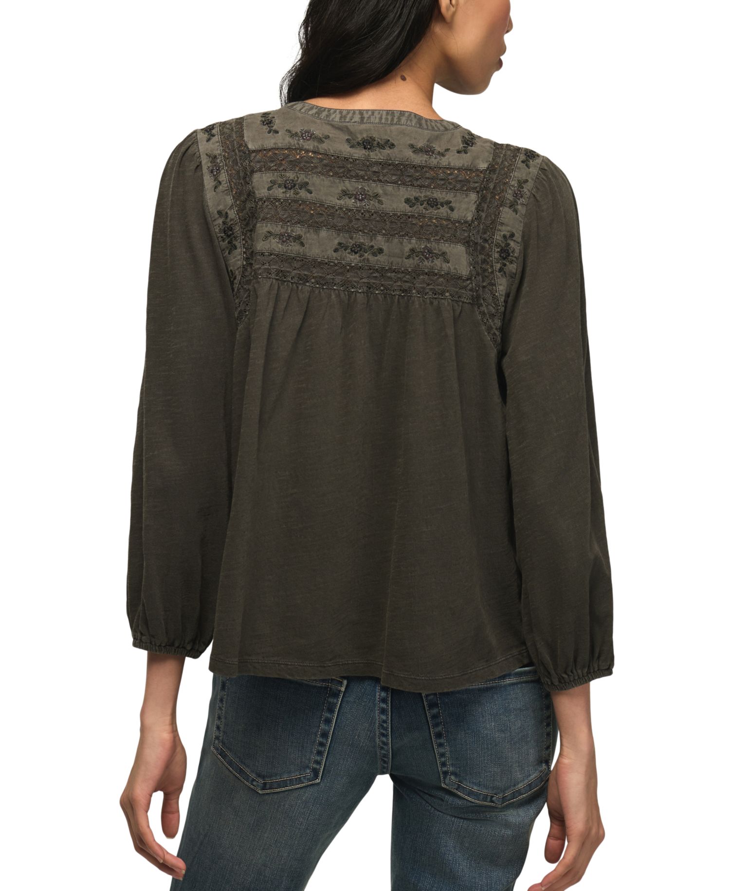 Women's Trim Mix Knit Lace-Trim Embroidered Peasant Top
