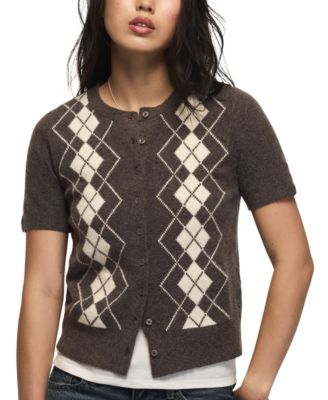 Women's Argyle Crew-Neck Short-Sleeve Cardigan