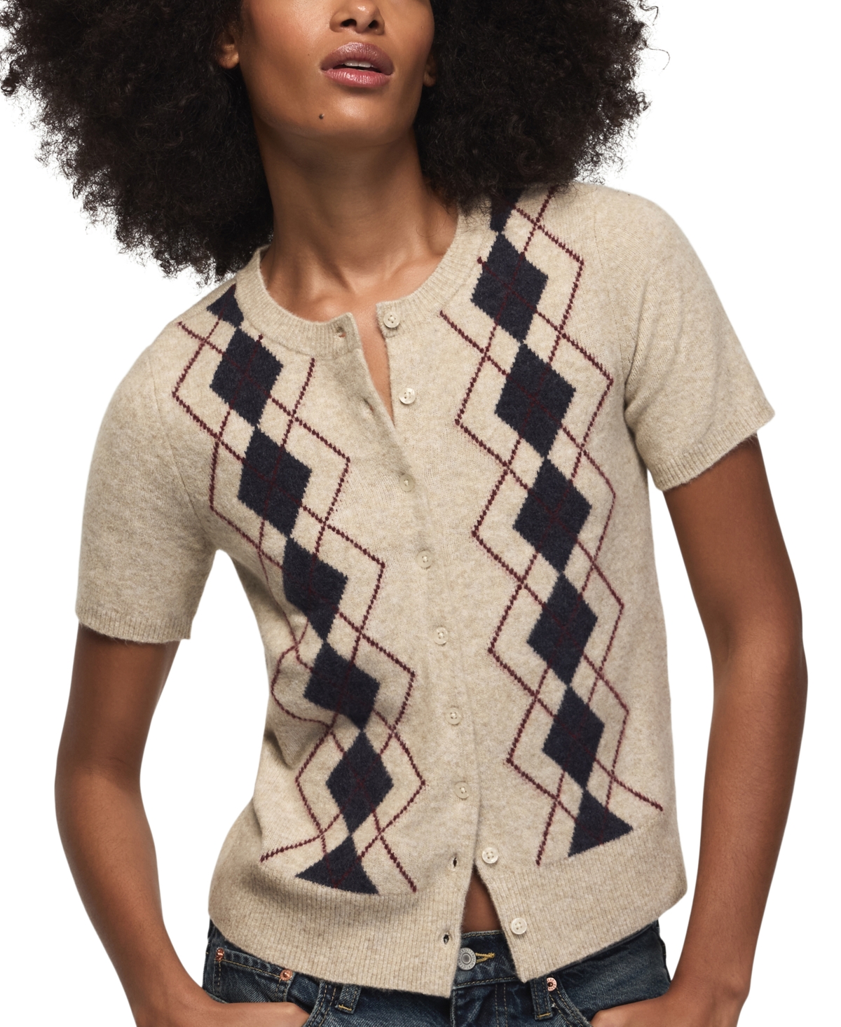 Lucky Brand Women's Argyle Crew-Neck Short-Sleeve Cardigan