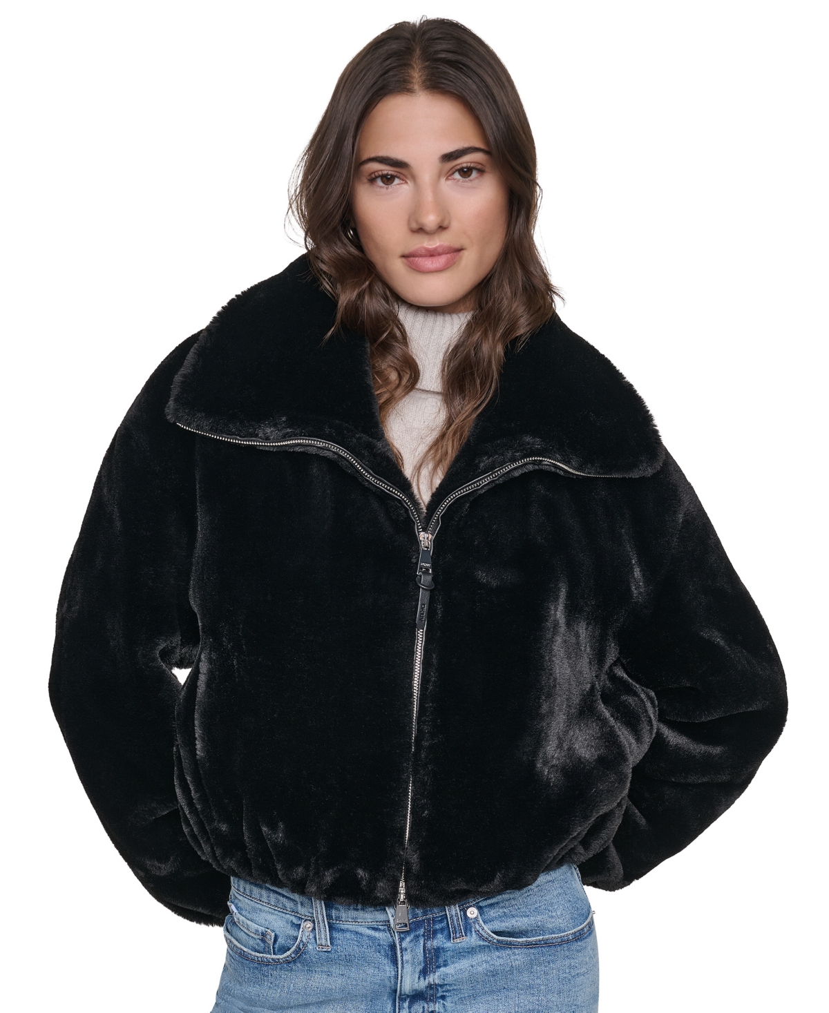 Dkny Women's Faux Shearling Cropped Zip-Up Bomber - Black