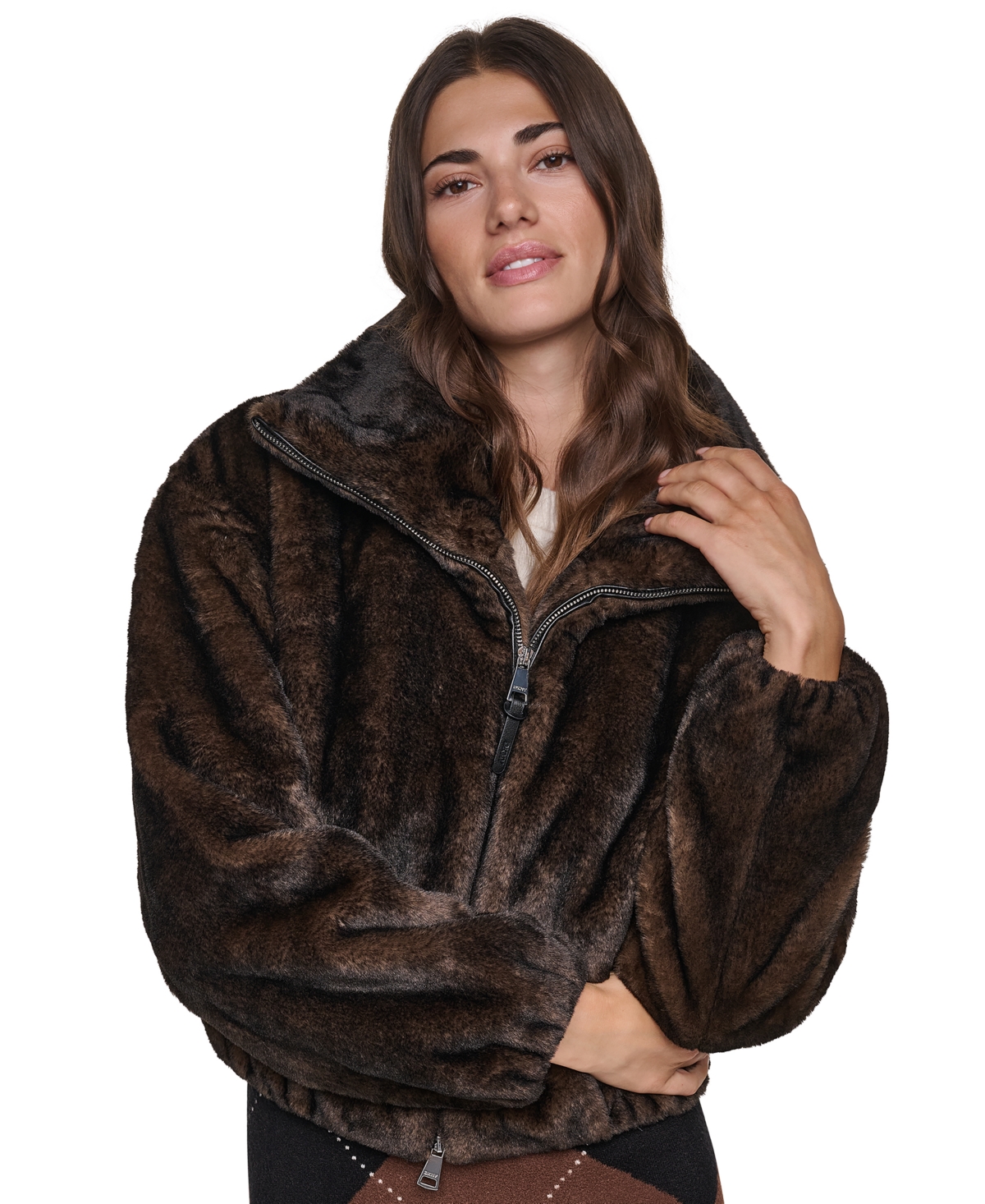 Dkny Women's Faux Shearling Cropped Zip-Up Bomber - Dark Brown