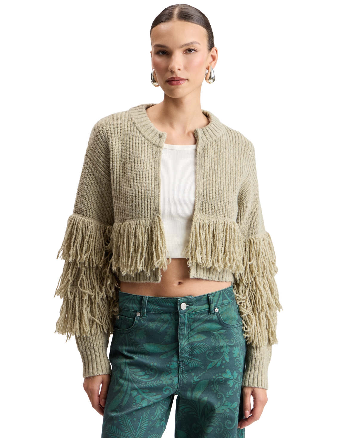 Avec Les Filles Women's Fringe Cropped Mock-Neck Cardigan