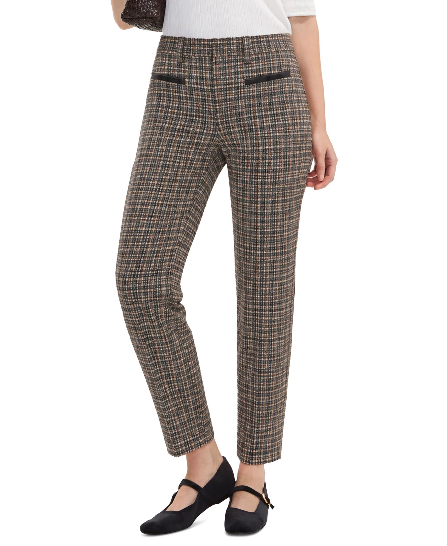 Petite Faux-Leather Trim Plaid Straight-Leg Trousers