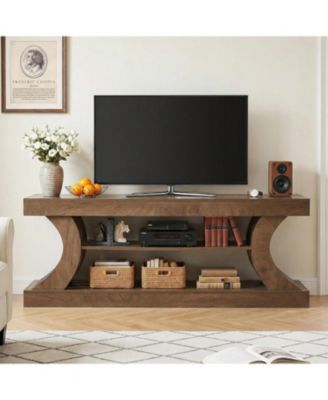63" Farmhouse TV Stand for TVs up to 75", 3-Tier Storage Shelf, Curved Design for Living Room, Bedroom