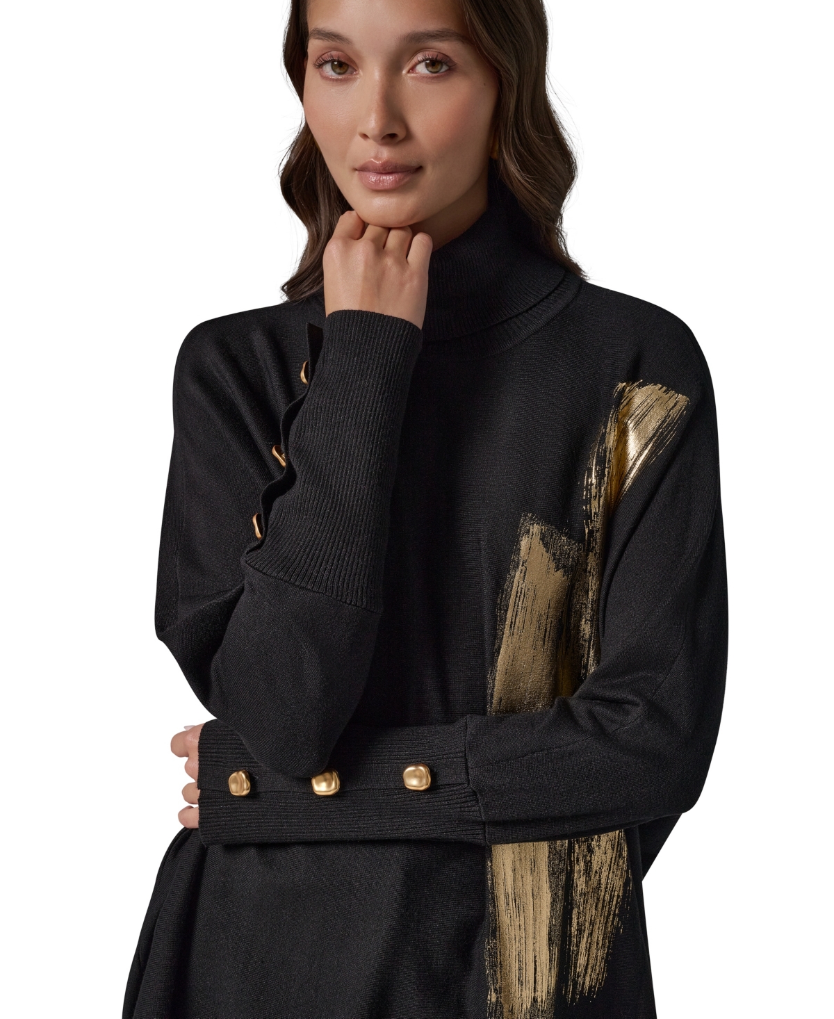 Donna Karan New York Petite Oversized Metallic Paint-Print Turtleneck Sweater