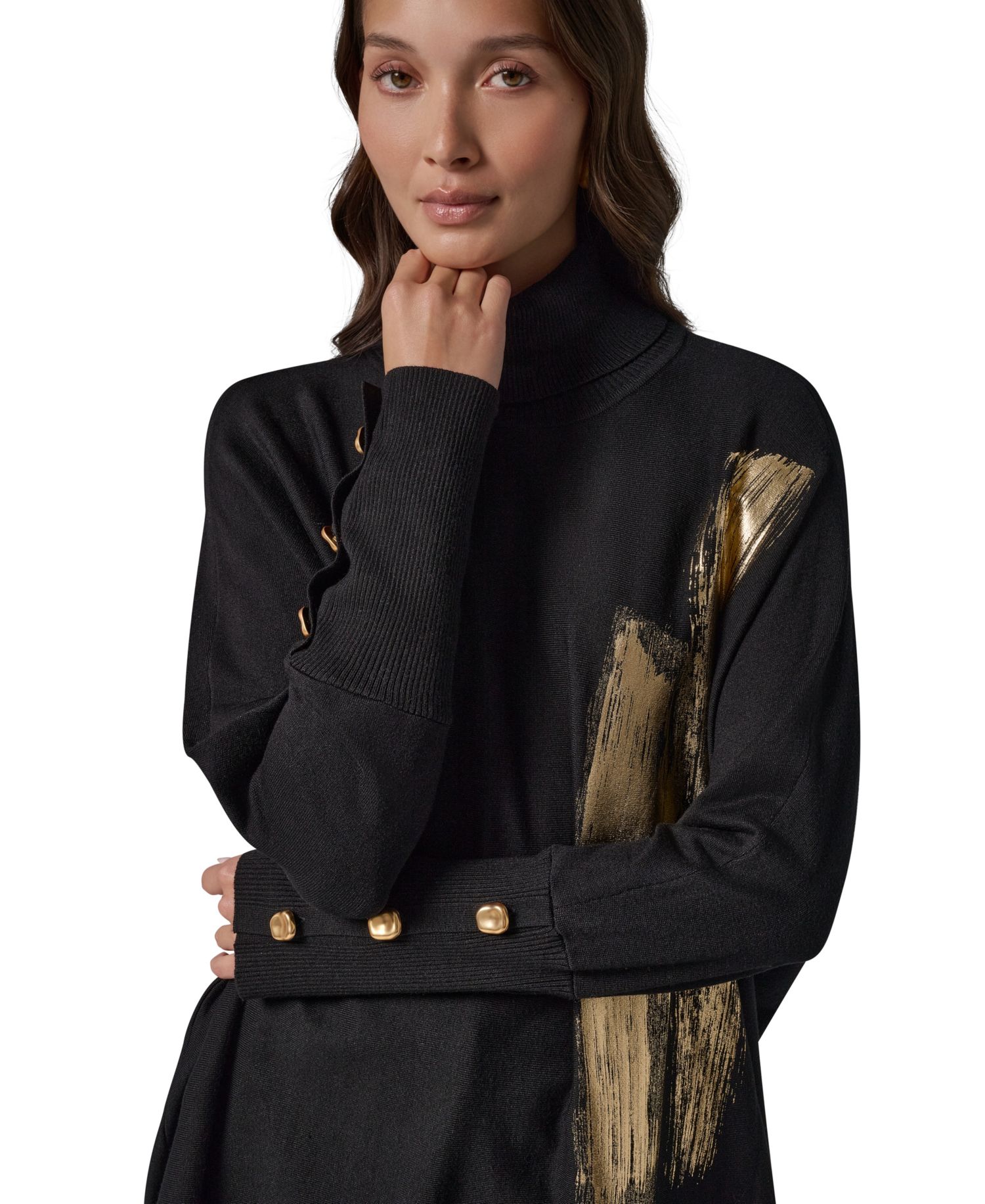 Petite Oversized Metallic Paint-Print Turtleneck Sweater