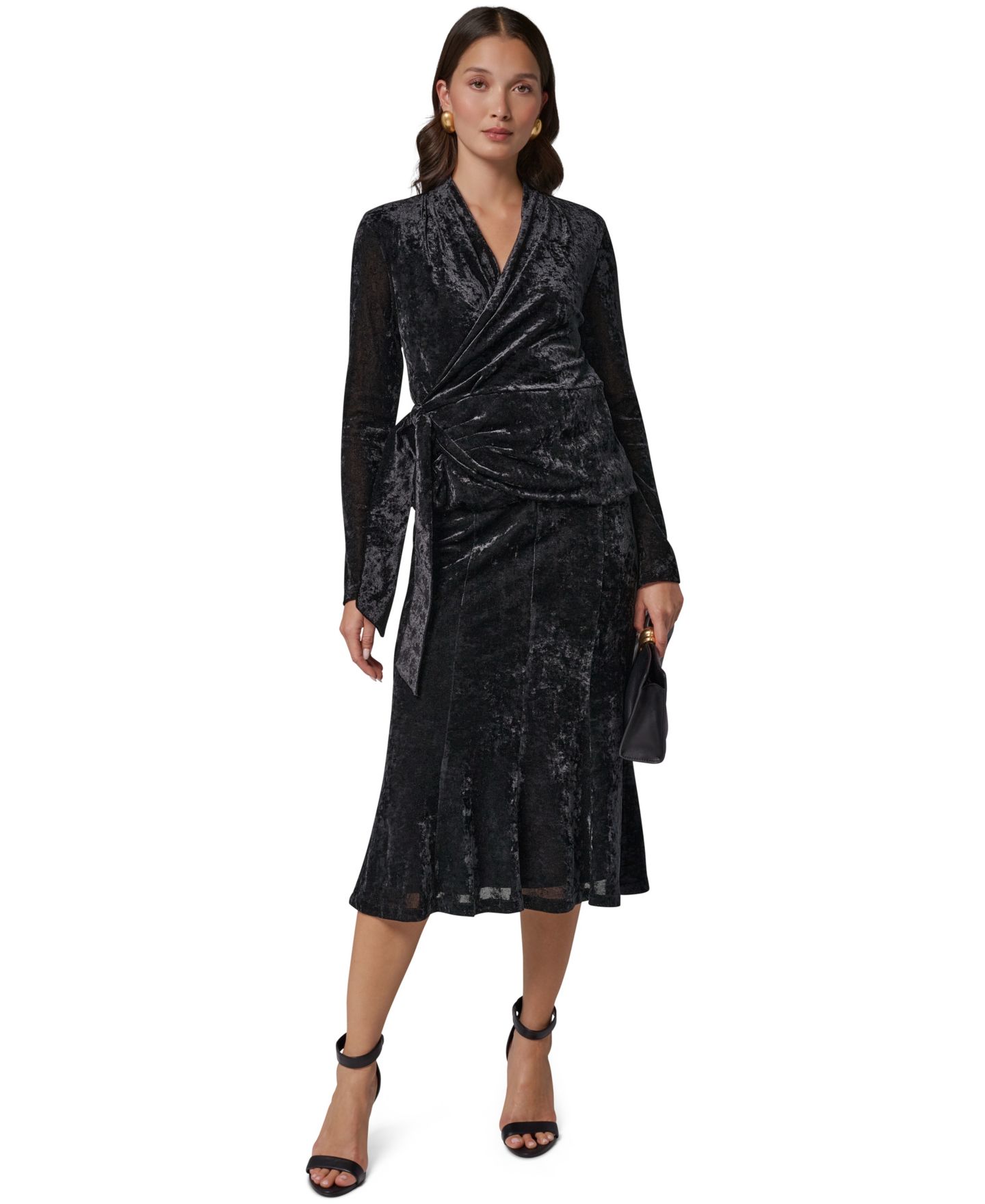 Женский бархатный топ Donna Karan New York с запахом и длинным рукавом, цвет: Чёрный — фото 8