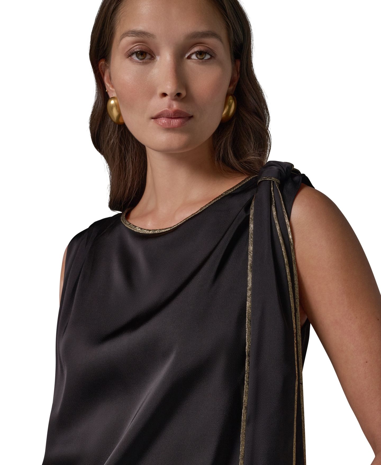 Женская атласная блузка Donna Karan New York с вырезом-лодочкой, для невысоких, цвет: Чёрный / Золотой — фото 5