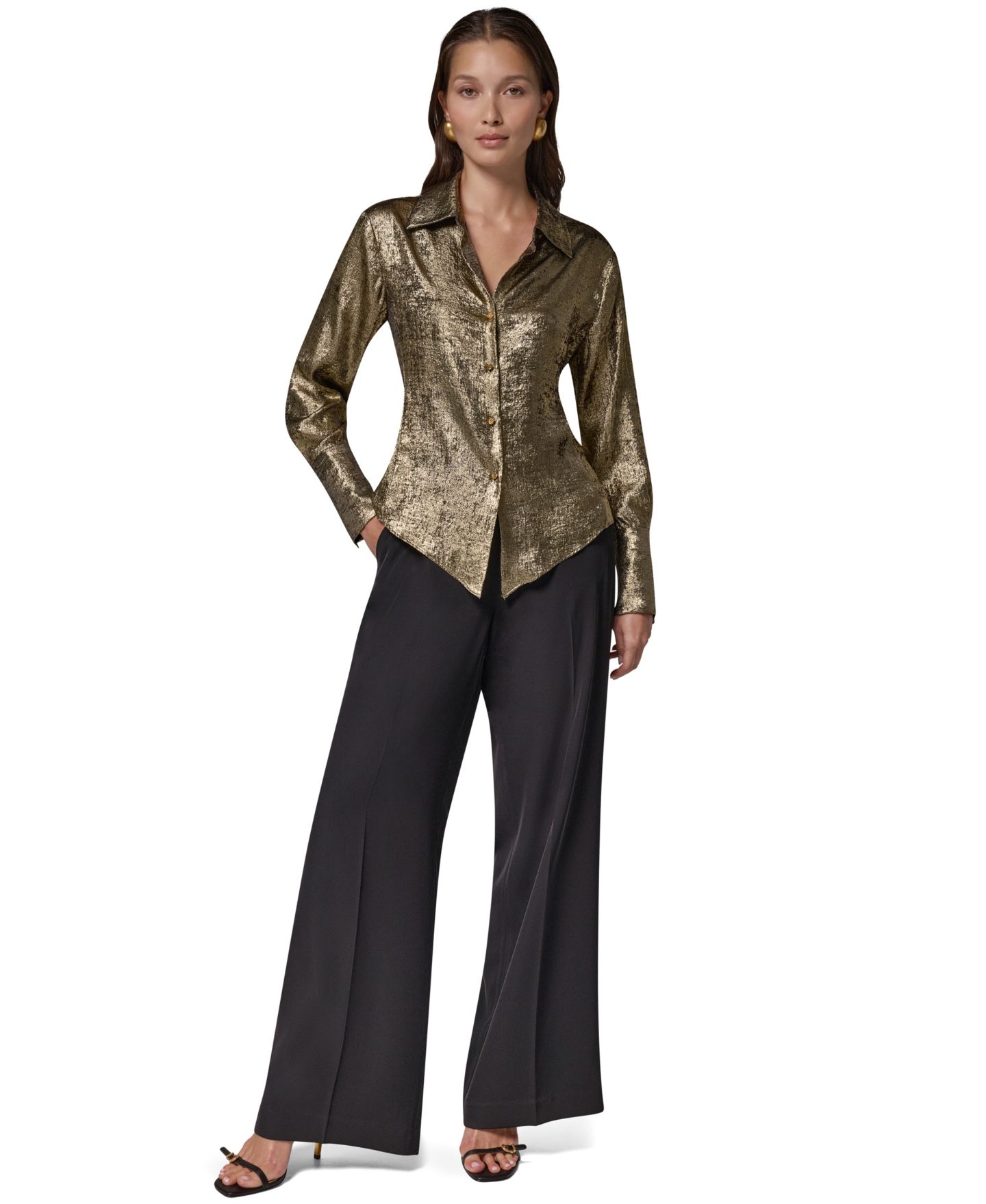 Женская блузка Donna Karan New York Petite Long-Sleeve Point-Collar Pointy-Asymmetrical-Hem Blouse, цвет: Золотой — фото 2
