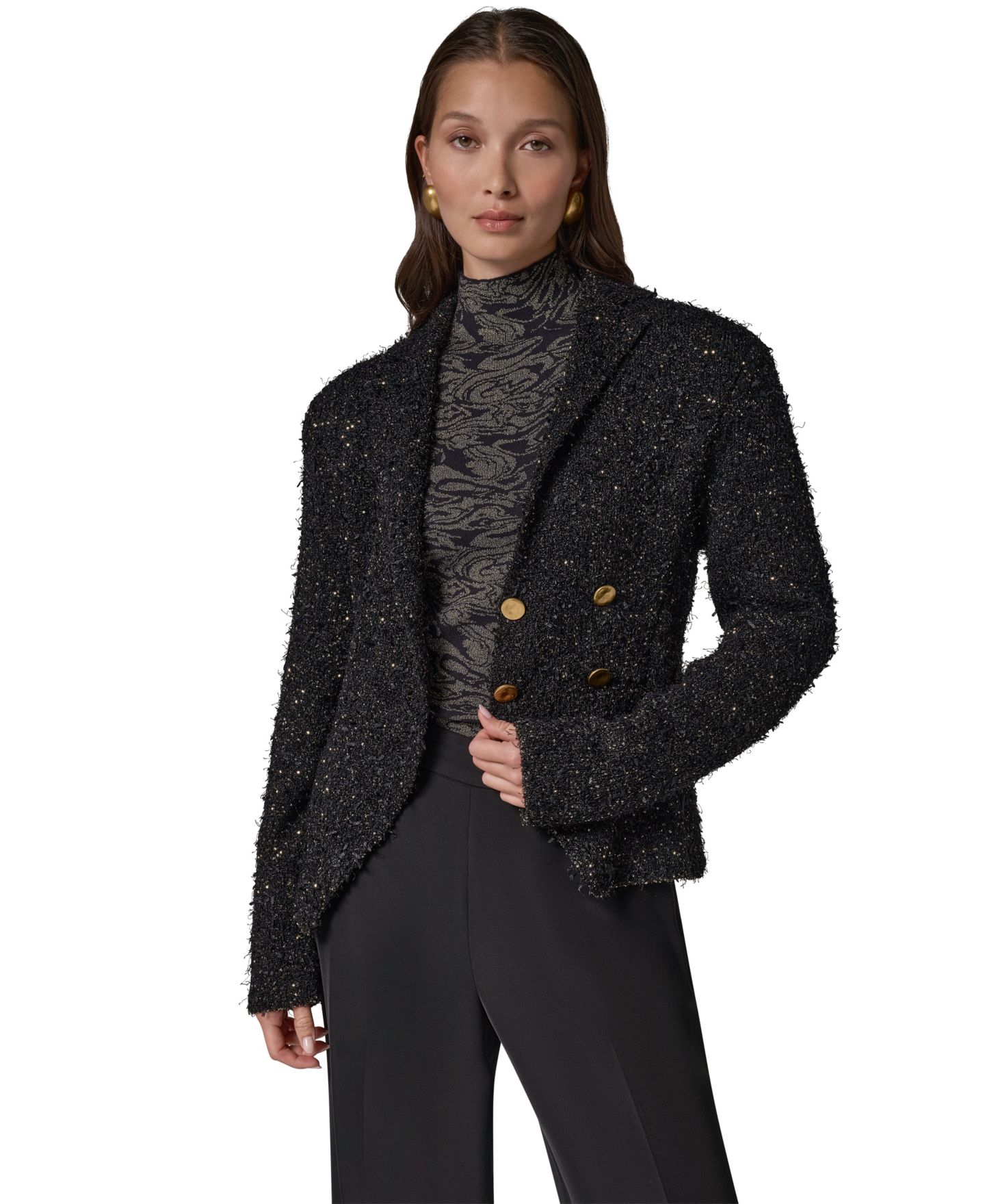 Женский двубортный блейзер Donna Karan New York для невысоких с подплечниками, цвет: Чёрный разноцветный — фото 6