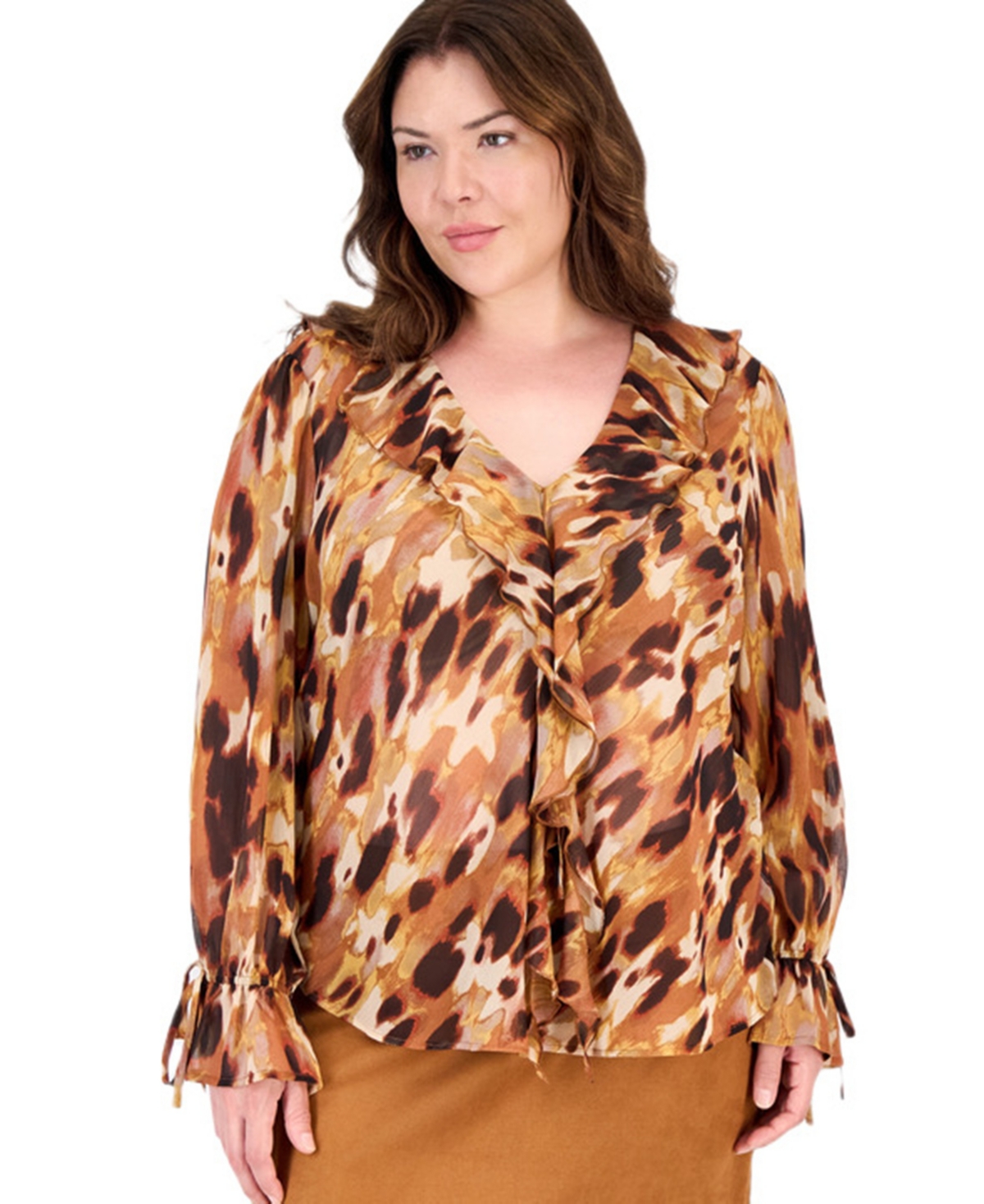 Tahari Plus Size V-neck Long-sleeve Ruffle Blouse In Luggage Animal