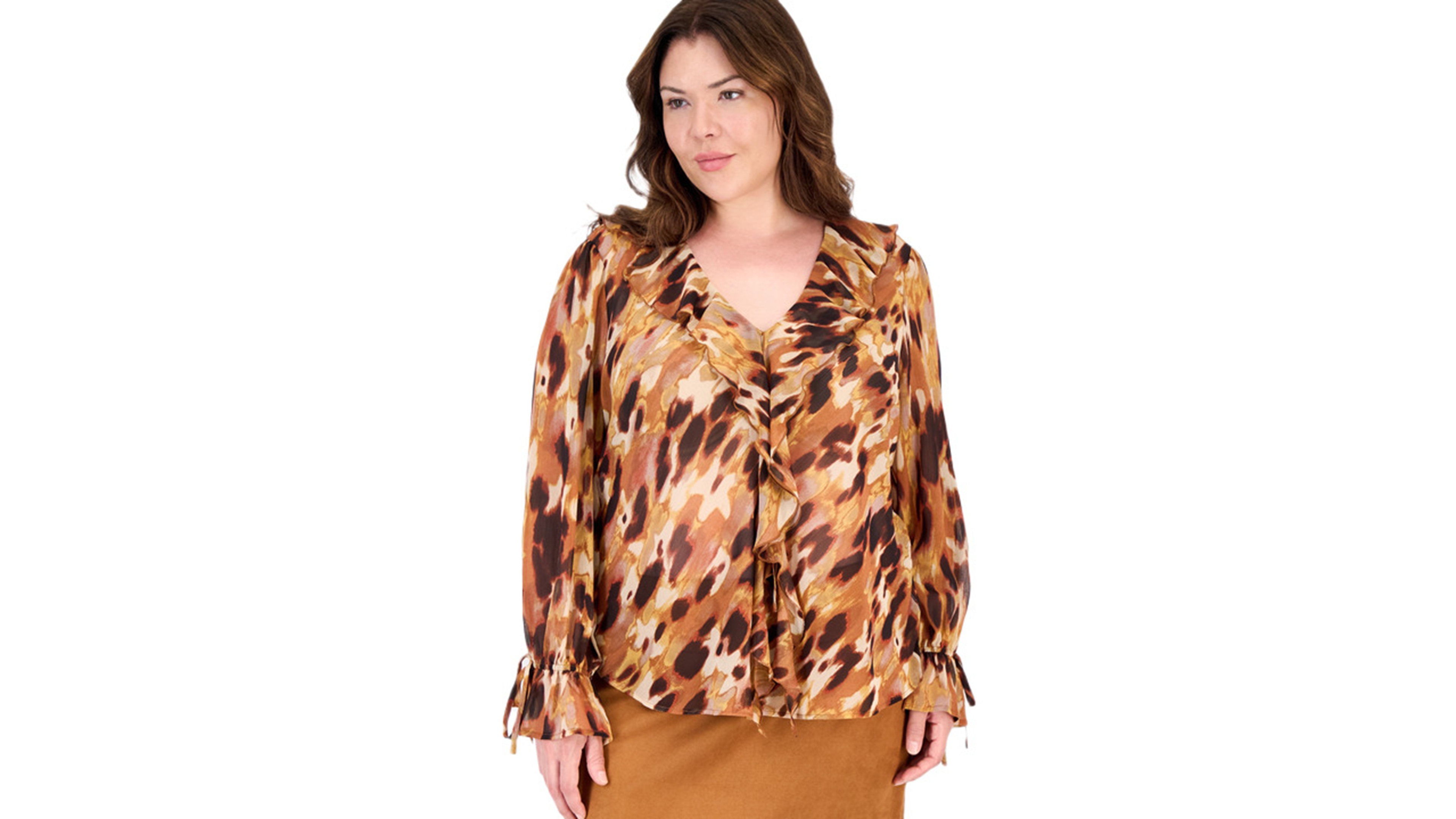 Tahari Plus V-Neck Long-Sleeve Ruffle Blouse