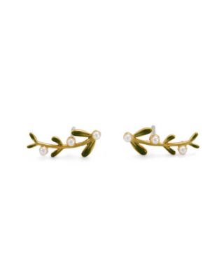 Niva Mistletoe and Pearl Climber Earrings in Gold