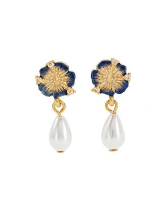 Larkspur and Pearl Drop Earrings in Gold