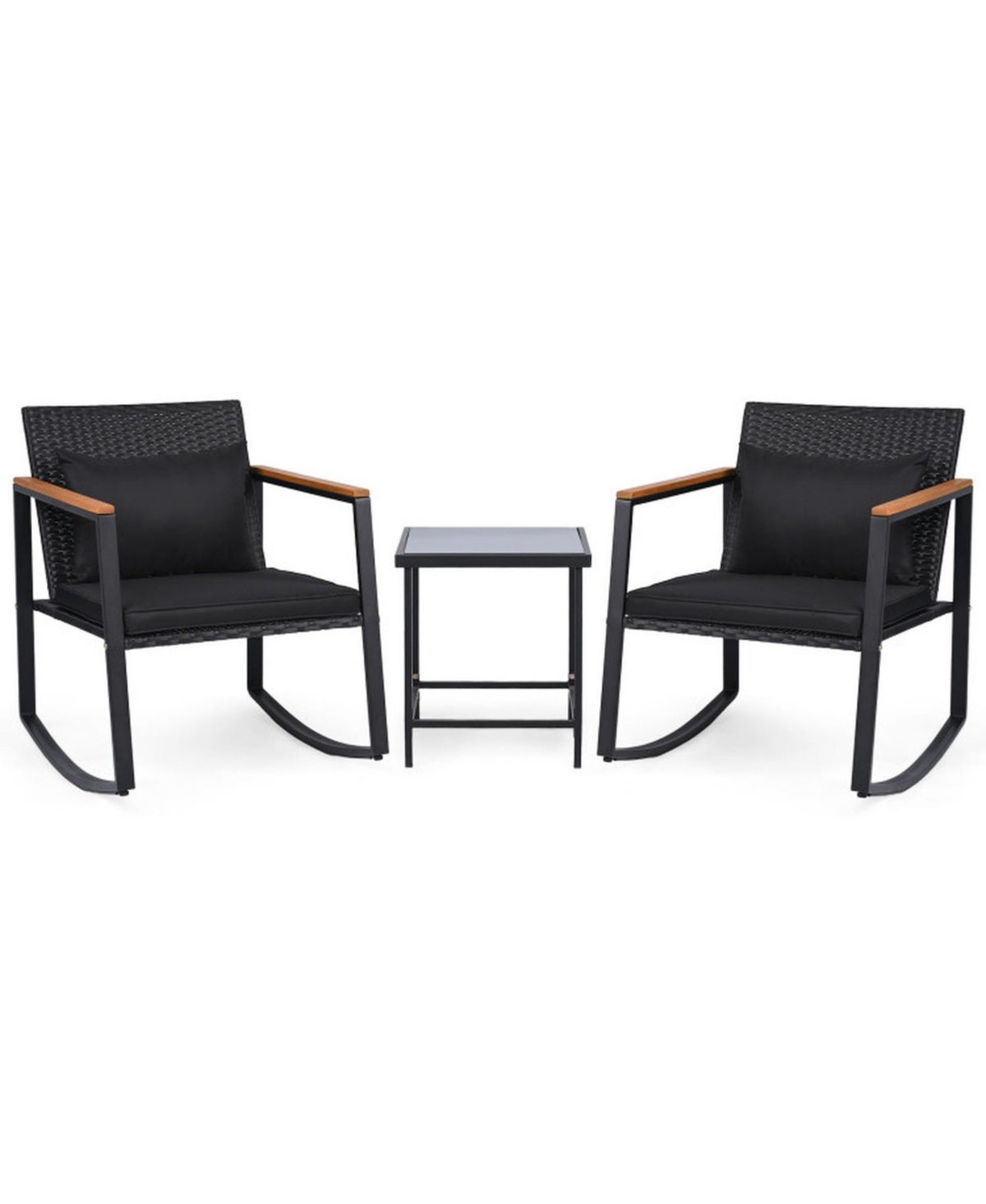 Gouun 3-Piece Outdoor Rocking Chair Set with Glass Top Bistro Table - Black