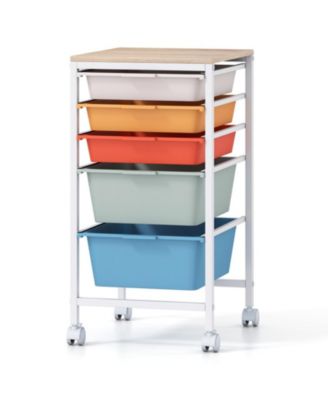 5-Drawer Rolling Utility Cart with Wood Tabletop and Locking Wheels