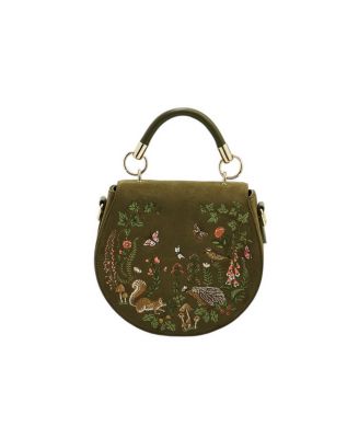 Charlotte Meadow Scene Embroidered Faux Suede Saddle Bag