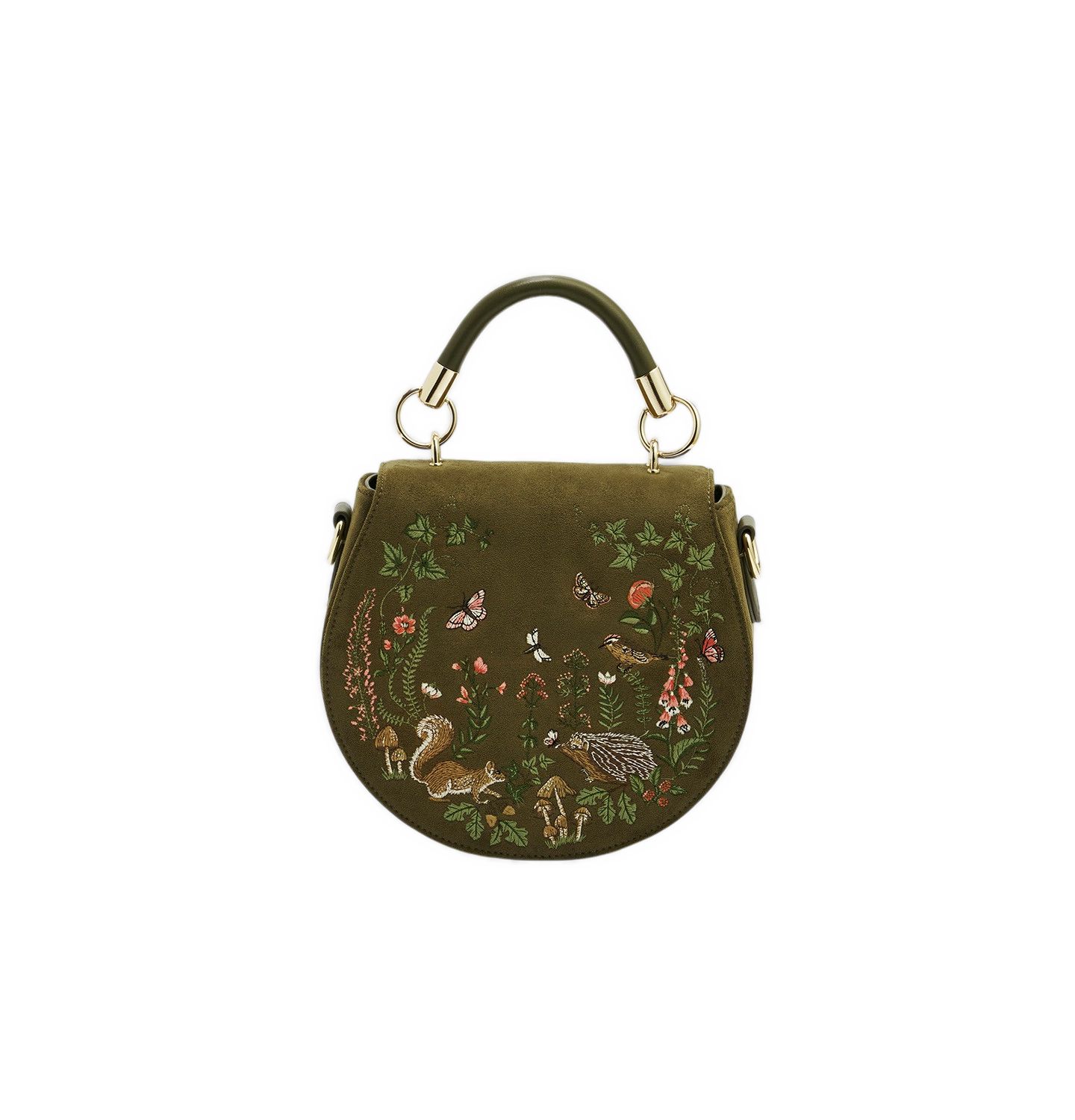 Женская сумка Fable England Charlotte Meadow Scene Embroidered Faux Suede Saddle, цвет: Хаки — фото 1