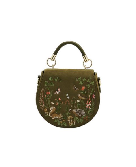 Женская сумка Fable England Charlotte Meadow Scene Embroidered Faux Suede Saddle, цвет: Хаки