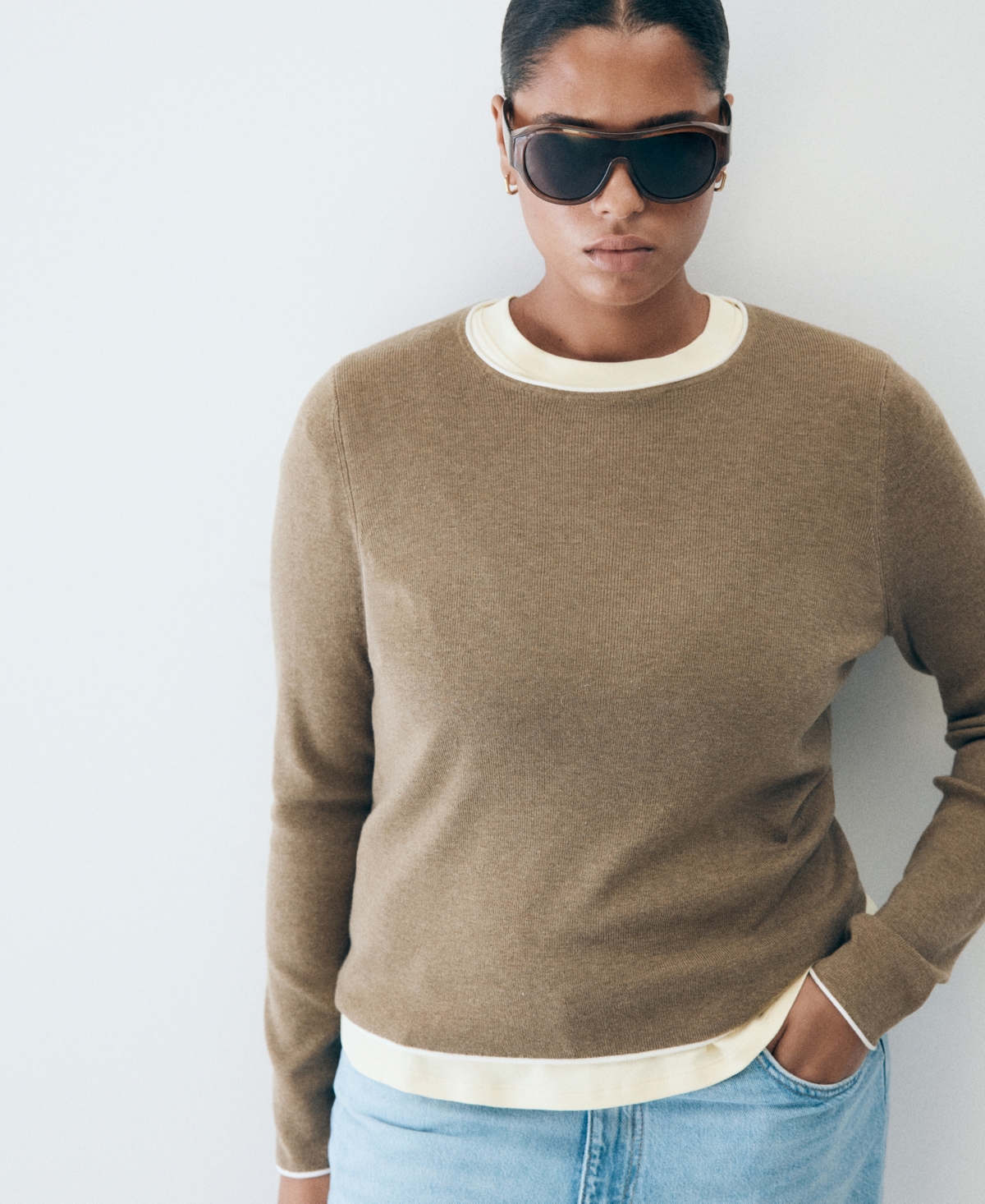 Mango Women's Ribbed-Knit Contrast-Trim Crewneck Long-Sleeve Sweater