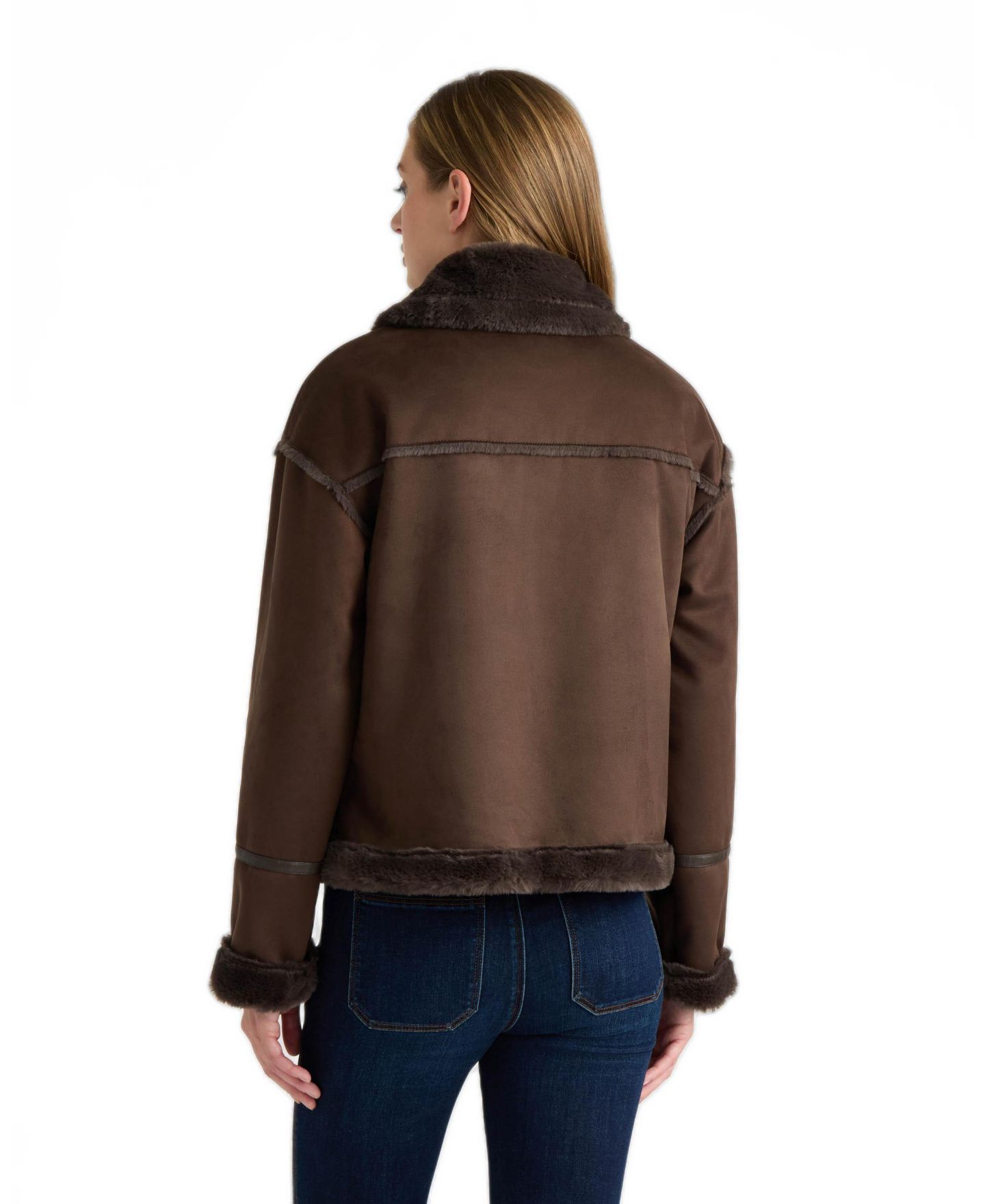 Женская куртка NVLT Short Faux Suede Bonded to Faux Fur Shearling Biker, цвет: Тёмно-коричневый — фото 2