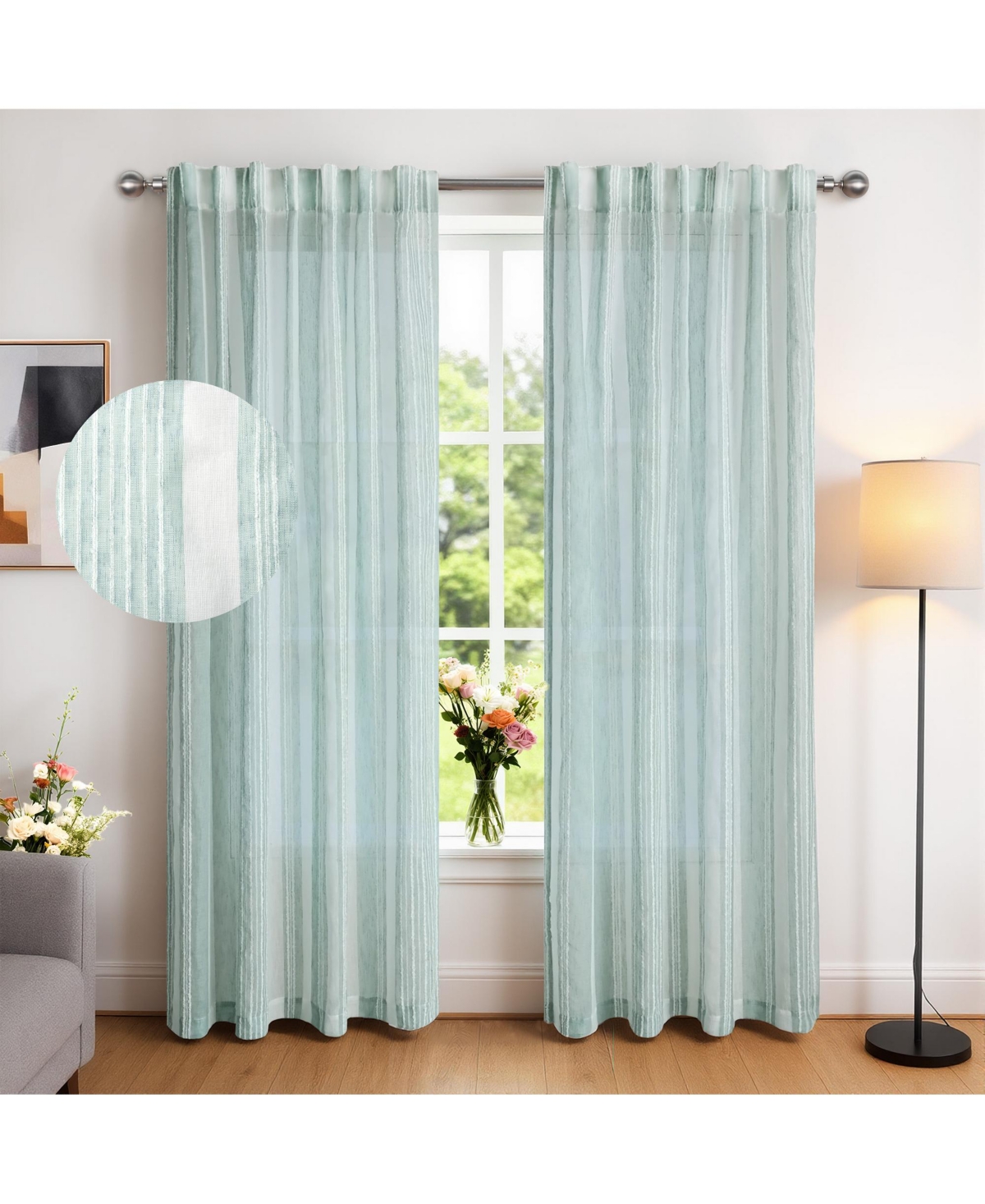 Awesome Home Tufted Stripe Light Filtering Back Tab Curtains Pair, 52"Wx 108"L