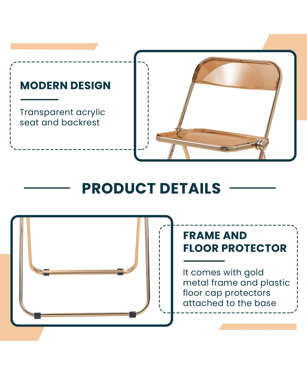 LeisureMod Lawrence Clear Acrylic Folding Chair, Modern Gold Chrome Frame, Fully Assembled Portable Dining Seat
