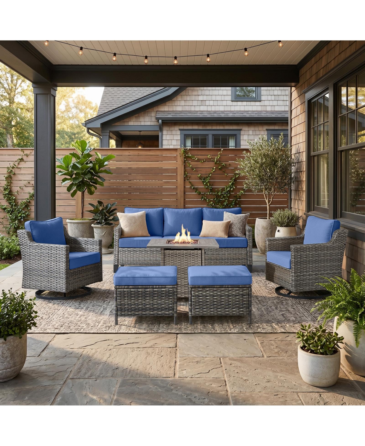 Pocassy 6-Piece Outdoor Furniture Set with Fire Pit Table, Wicker Patio Conversation Set with Cushions and Swivel Glide Chairs