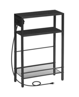 Slim Side Table with Charging Station and Storage Shelf for Living Room, Bedroom, Office