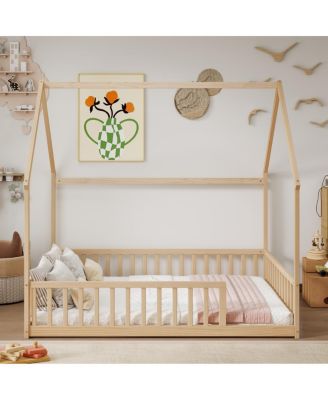  Full Size House Floor Bed with Roof and Safety Guardrails