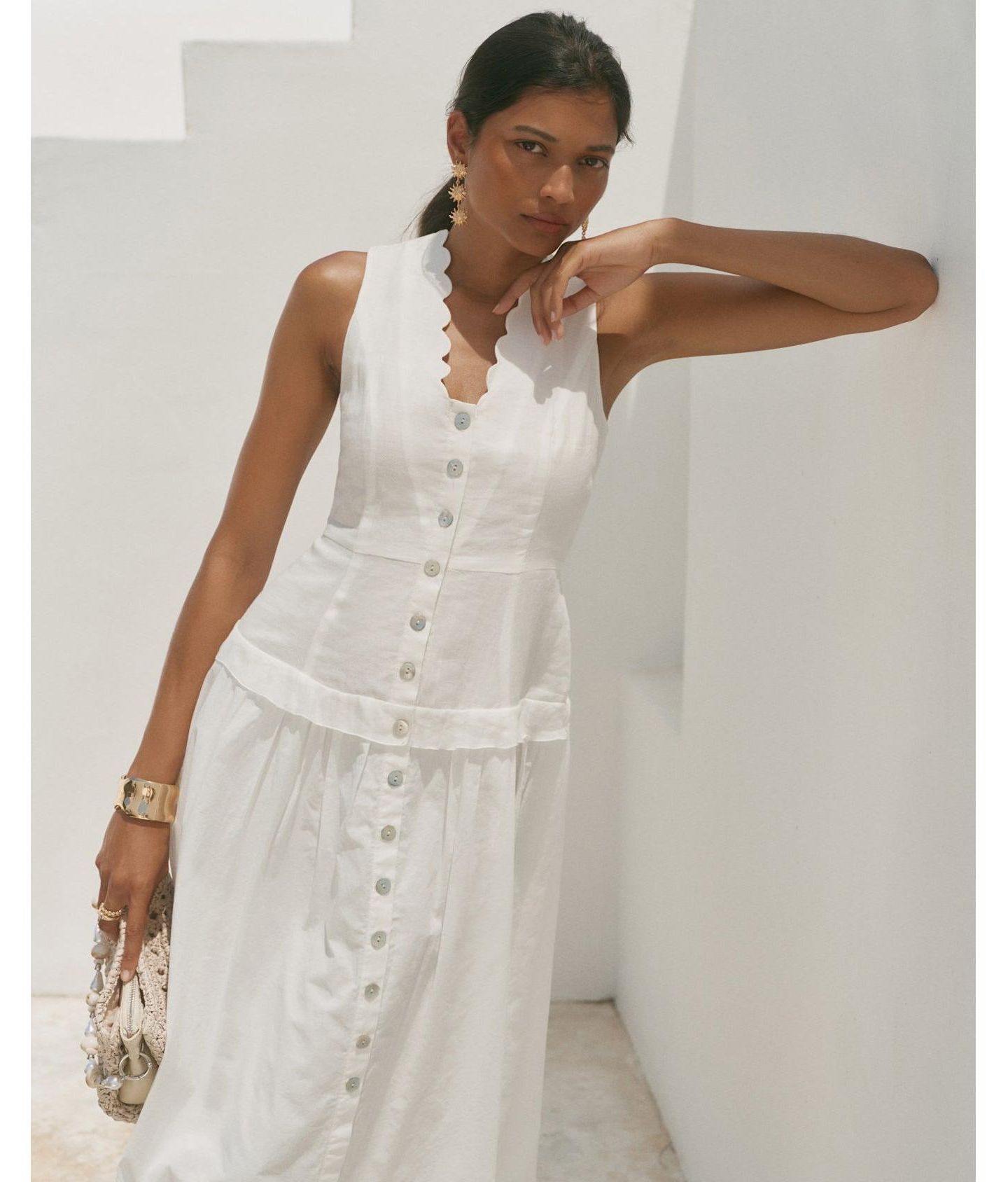 Женское платье Mint Velvet Scalloped Sleeveless Drop-Waist Ramie Maxi, цвет: Слоновая кость — фото 3
