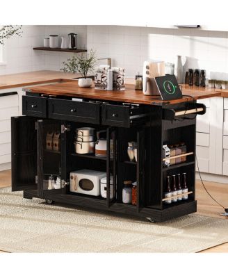 53" Rolling Farmhouse Kitchen Island with Glass Doors, Drop Leaf and Power Outlet