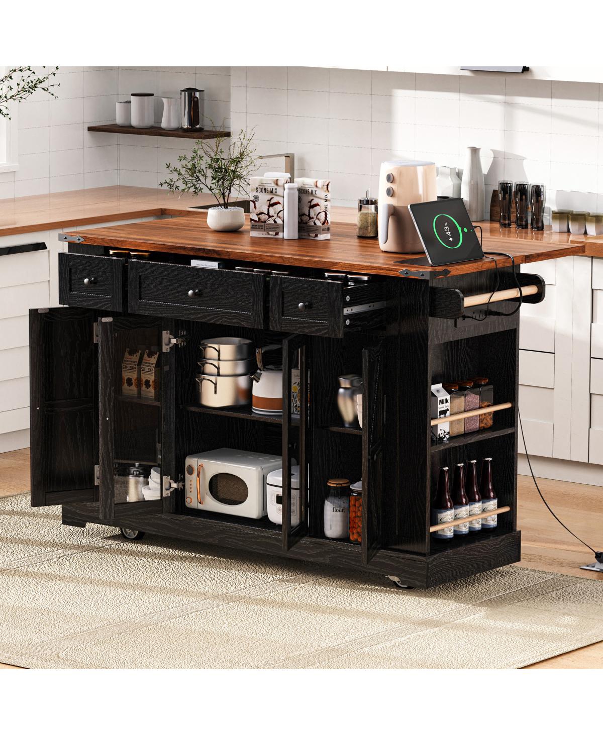 Streamdale Furniture 53" Rolling Farmhouse Kitchen Island with Glass Doors, Drop Leaf and Power Outlet
