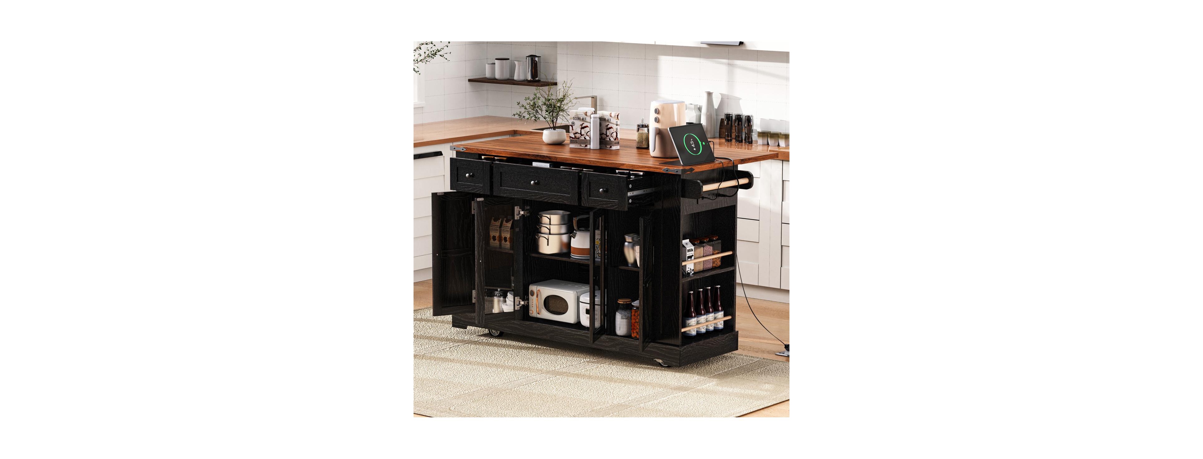 Streamdale Furniture 53" Rolling Farmhouse Kitchen Island with Glass Doors, Drop Leaf and Power Outlet