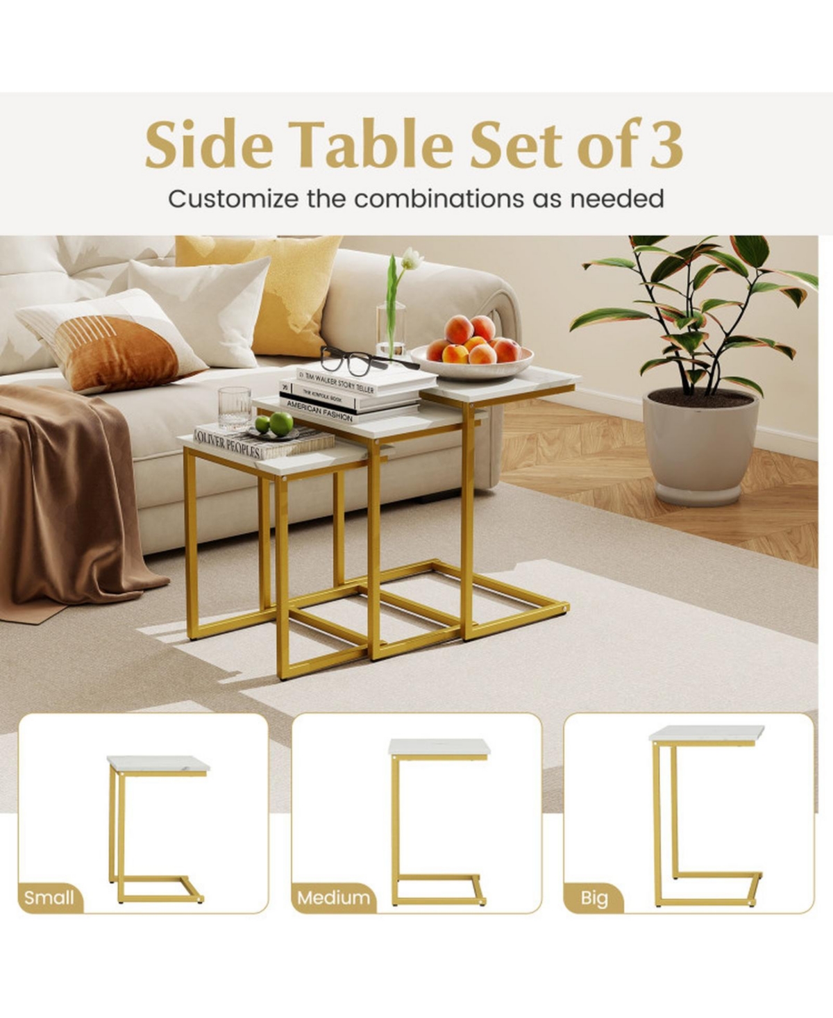 Gouun 3-Piece Stackable Nesting Side Table Set with C-Shaped Steel Frames