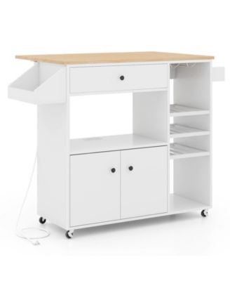 Rolling Kitchen Island Cart with Power Outlet, Drop Leaf and Casters