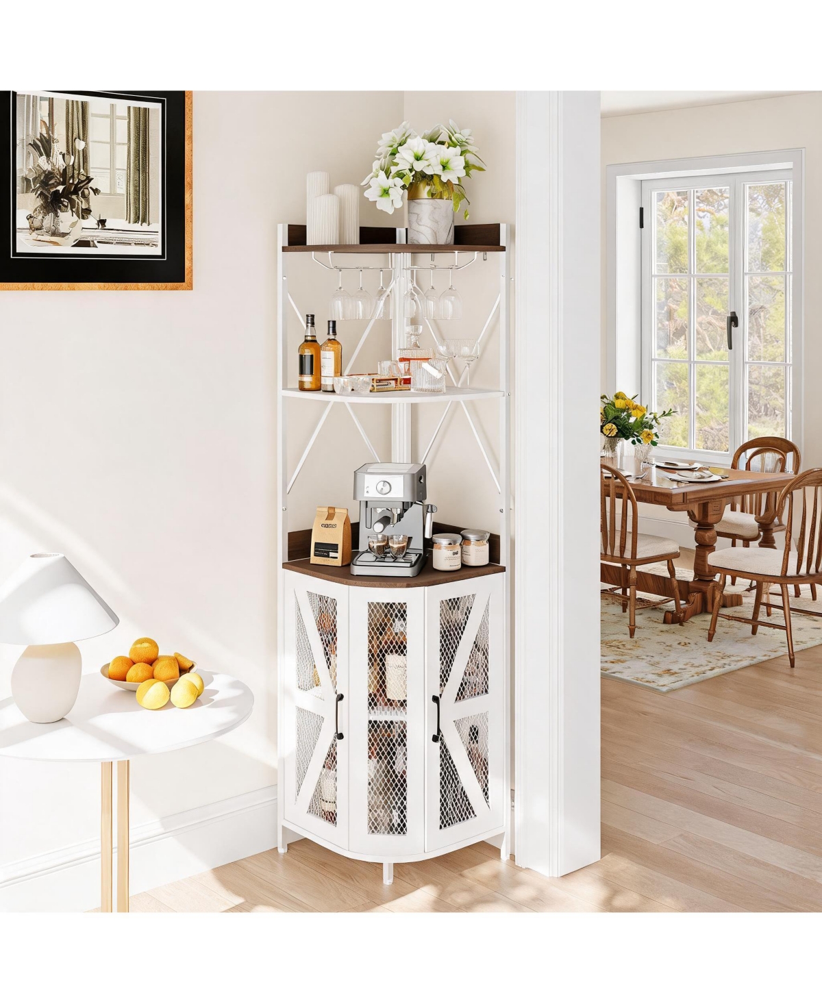 homfan 4-Tiers Industrial Corner Wine Cabinet with Power Outlet, Led Strip and Glass Holder, Liquor Display Bar Unit for Small Home Space