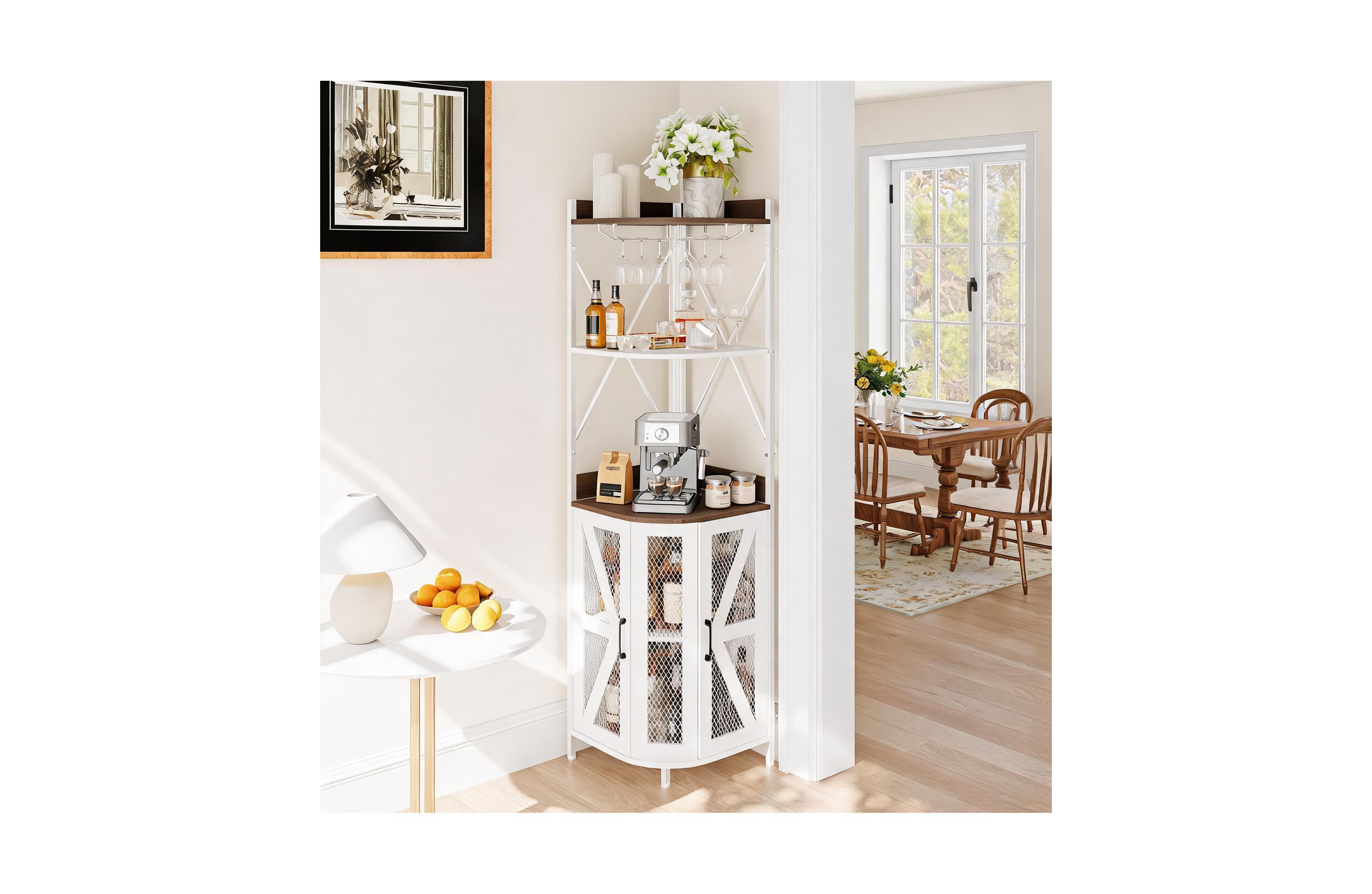 homfan 4-Tiers Industrial Corner Wine Cabinet with Power Outlet, Led Strip and Glass Holder, Liquor Display Bar Unit for Small Home Space