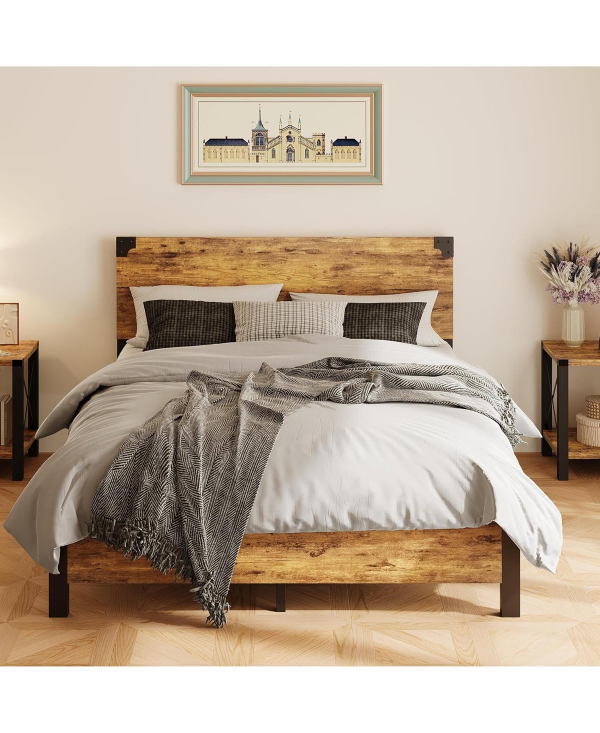 gaomon Queen Metal Platform Bed with Wood Headboard