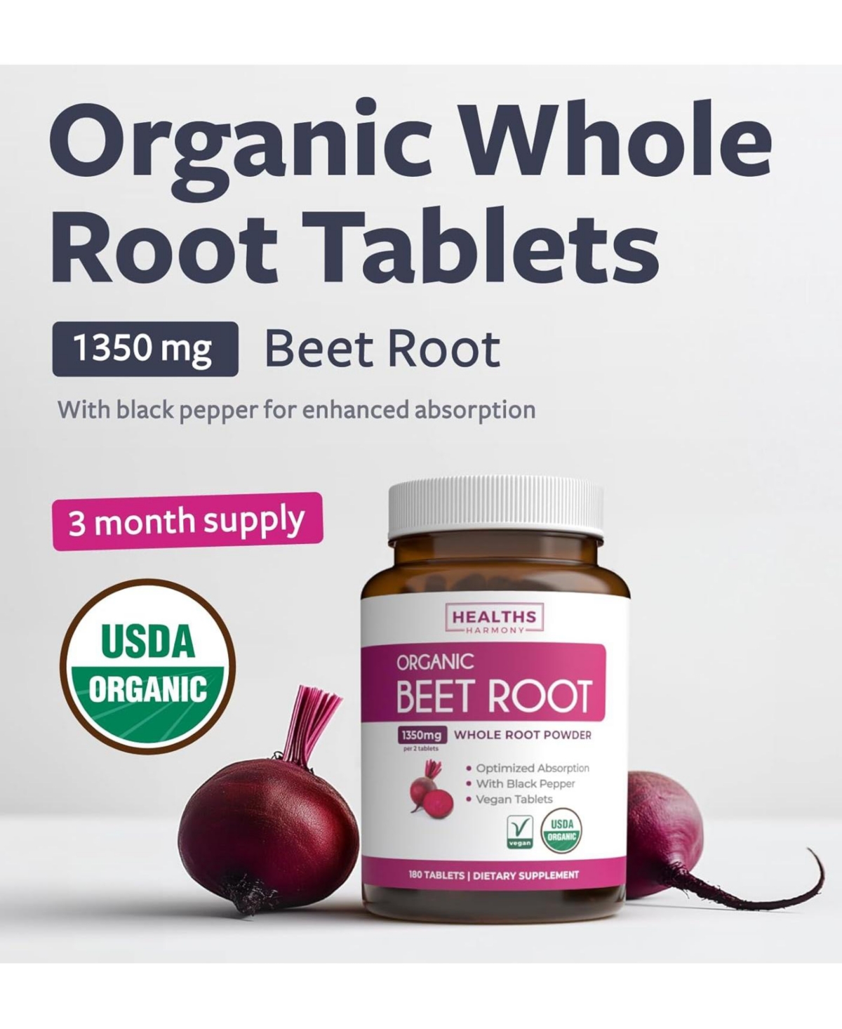 Healths Harmony Beet Root Powder Tablets with Pepper Extract, 1,350 Milligram Per Serving, 180 Tablets