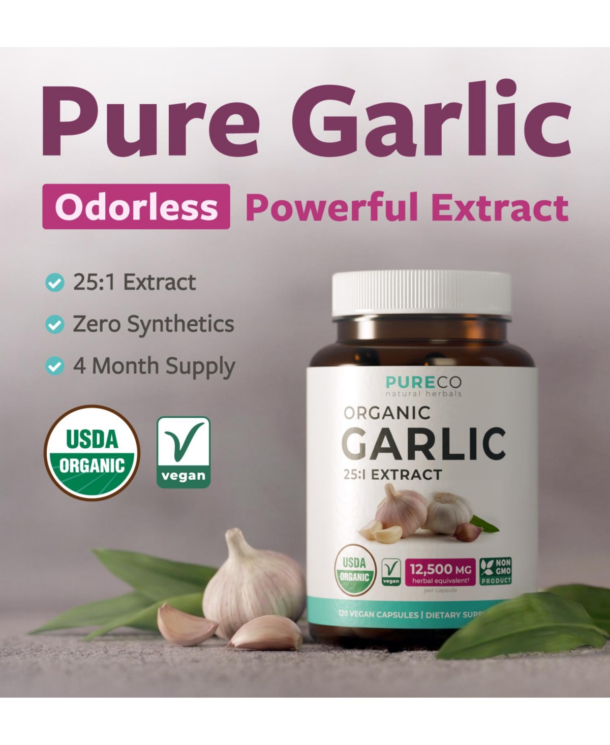 Pure Co Garlic Extract Capsules, 25:1 Garlic Extract, 12,500 Milligram Herbal Equivalent, 120 Capsules
