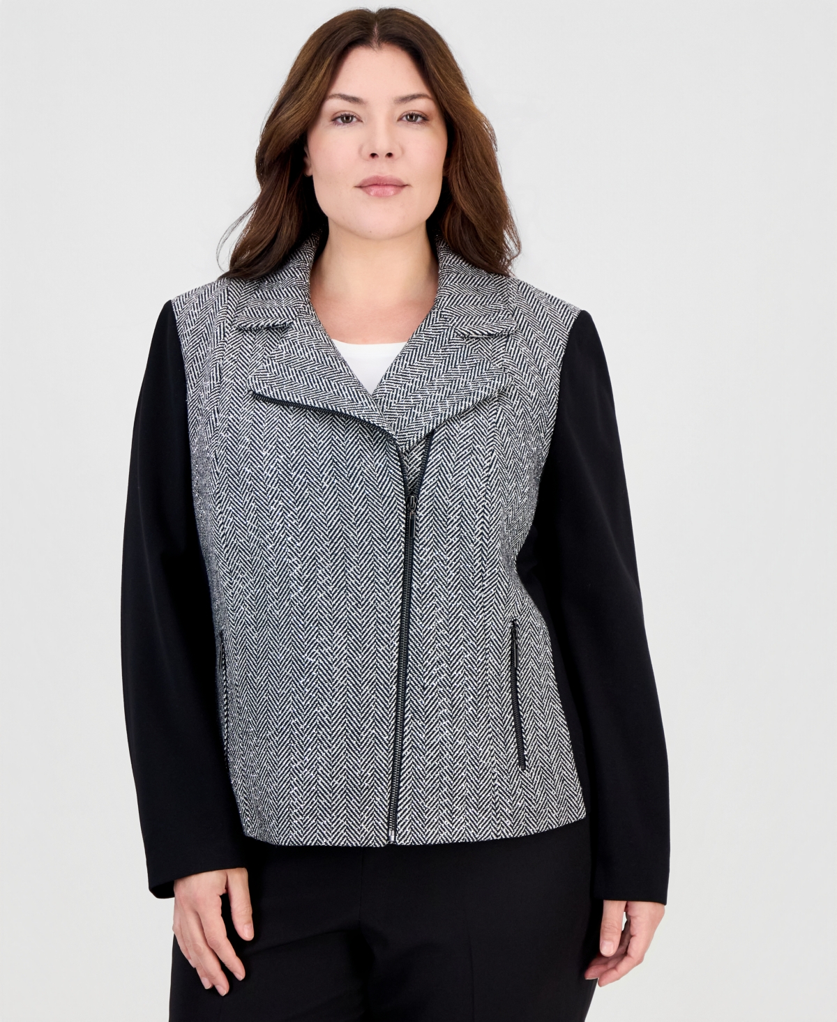 Anne Klein Women's Plus Size Mixed Media Moto Cropped Jacket - Anne Black / White Dove